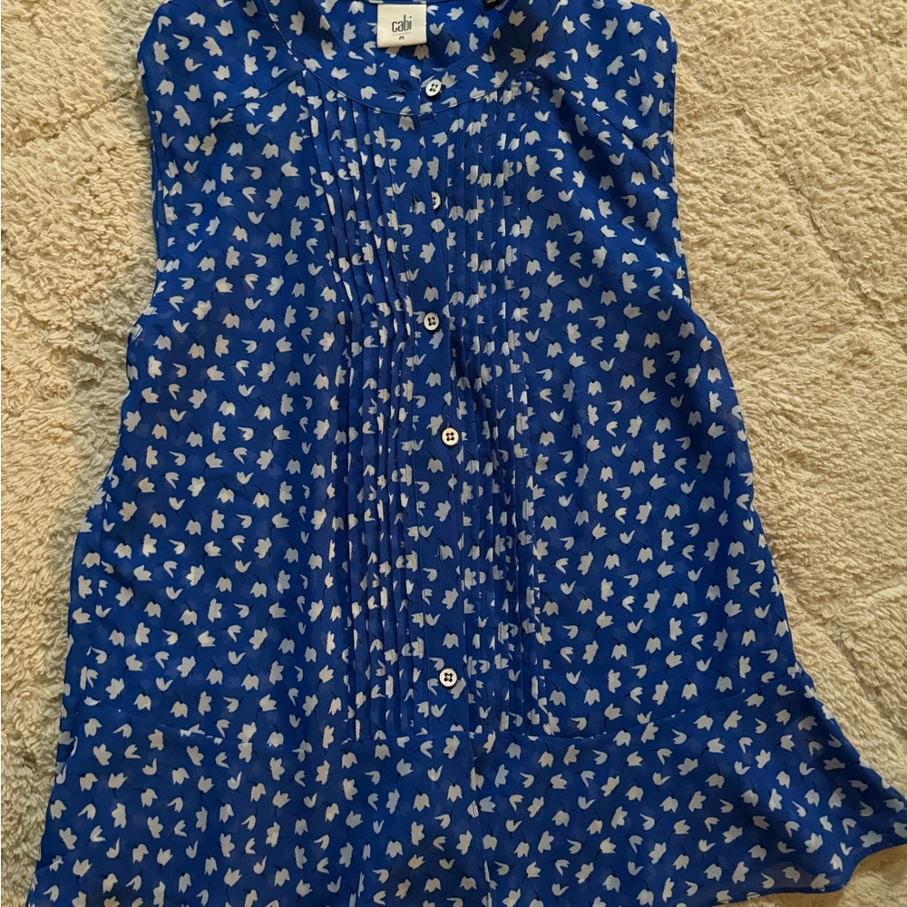 CAbi Royal Blue Sleeveless Button-Front Blouse with White Dot Motif
